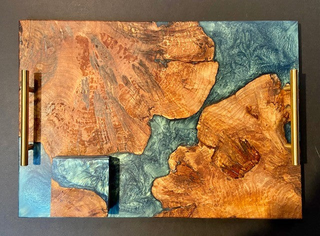 Walnut Burl and Macaw Blue Charcuterie Board, extra large