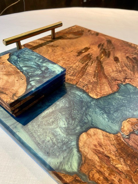 Walnut Burl and Macaw Blue Coaster Set