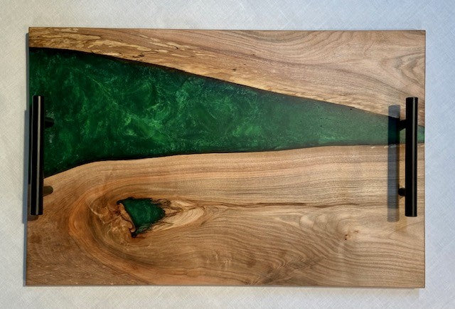 Maple and Emerald Green Serving Board with Black Handles