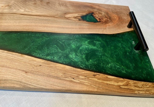 Maple and Emerald Green Serving Board with Black Handles