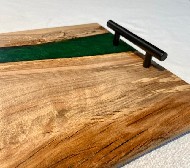 Maple and Emerald Green Serving Tray with Black Handles