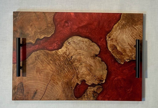 Walnut Burl and Merlot Red Charcuterie Board with Black Handles