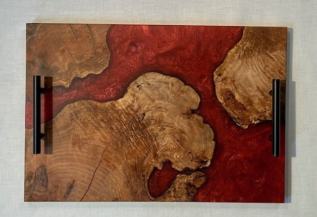 Walnut Burl and Merlot Red Charcuterie Board with Black Handles