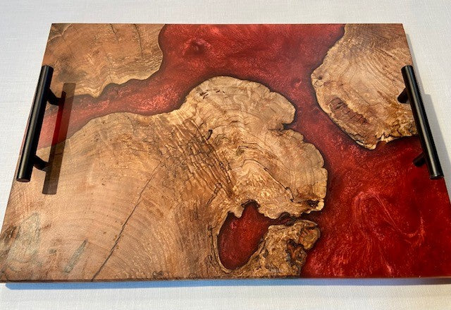 Walnut Burl and Merlot Red Charcuterie Board with Black Handles