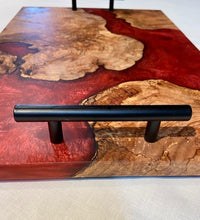 Load image into Gallery viewer, Walnut Burl and Merlot Red Charcuterie Board with Black Handles
