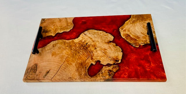 Walnut Burl and Merlot Red Charcuterie Board with Black Handles