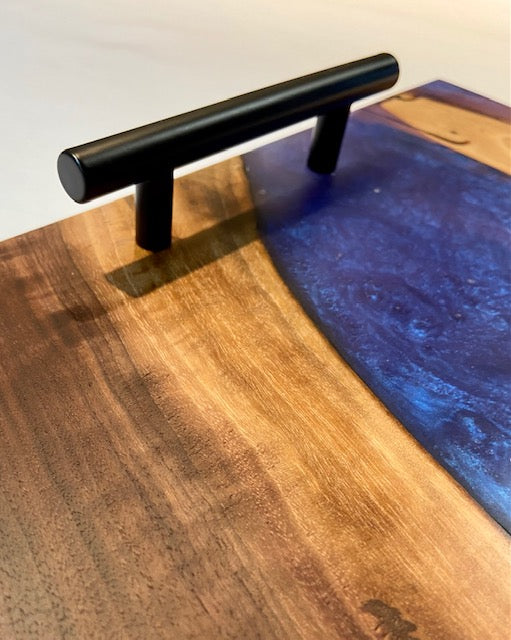 Walnut and "burple" Serving Tray with Black Handles