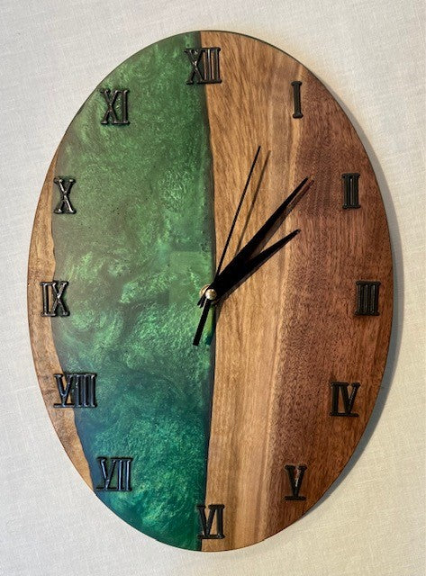 Oval Walnut and Emerald Green Clock