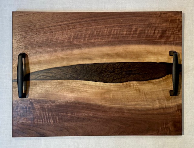 Walnut and Chestnut Serving Tray with Black Handles
