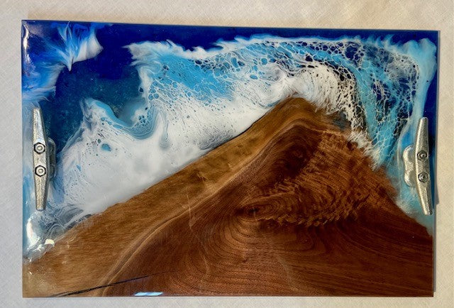 Walnut and Ocean Waves Serving Tray