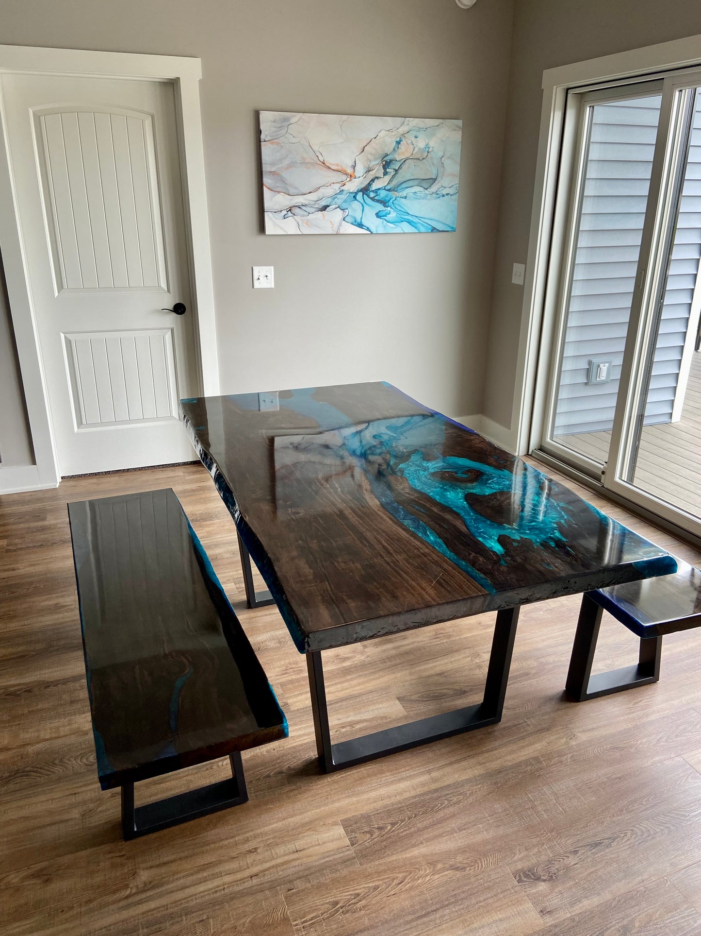 Custom Live Edge and Epoxy Dining Room Table and Benches (A. Coalson)