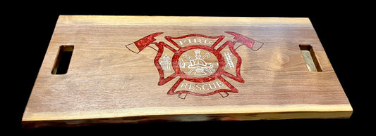 30” x 15” BBQ board with Fire Department logo and epoxy on reverse side