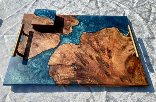 Charcuterie board 14x20, live-edge Walnut Burl and matching coasters