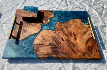 Load image into Gallery viewer, Charcuterie board 14x20, live-edge Walnut Burl and matching coasters
