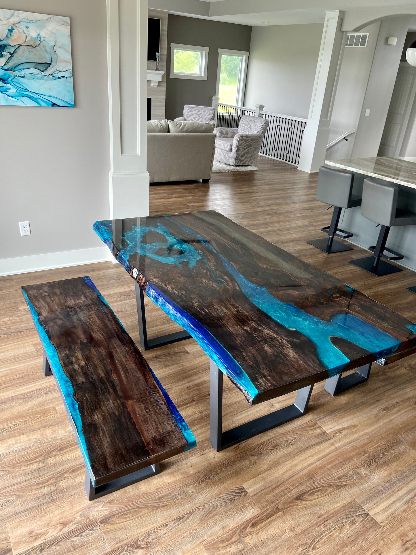 Custom Live Edge and Epoxy Dining Room Table and Benches (A. Coalson)