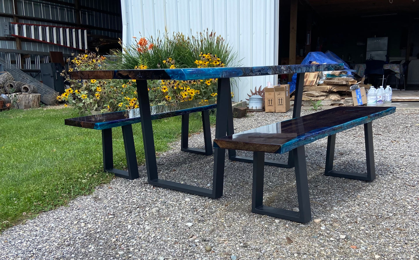 Custom Live Edge and Epoxy Dining Room Table and Benches (A. Coalson)