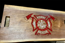 Load image into Gallery viewer, 30” x 15” BBQ board with Fire Department logo and epoxy on reverse side
