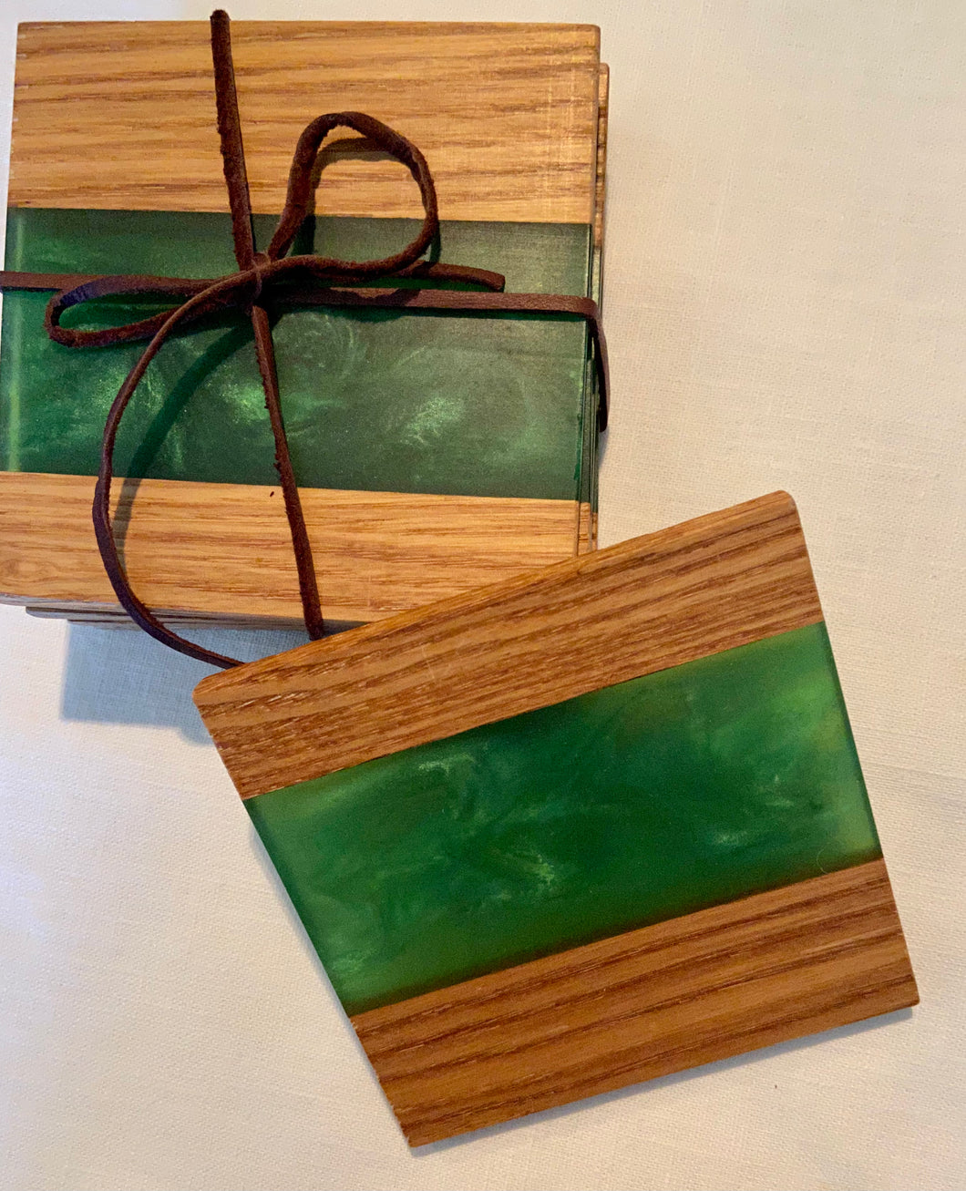 Coasters-Oak and Emerald Green Resin