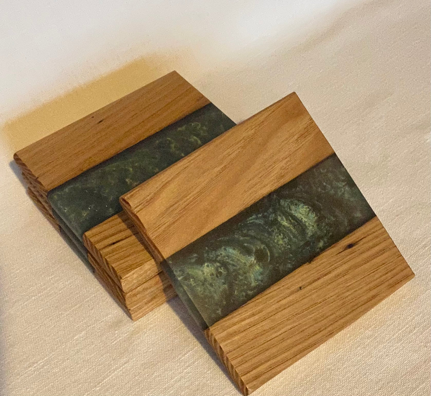 Dark Green Coasters, Epoxy resin and oak