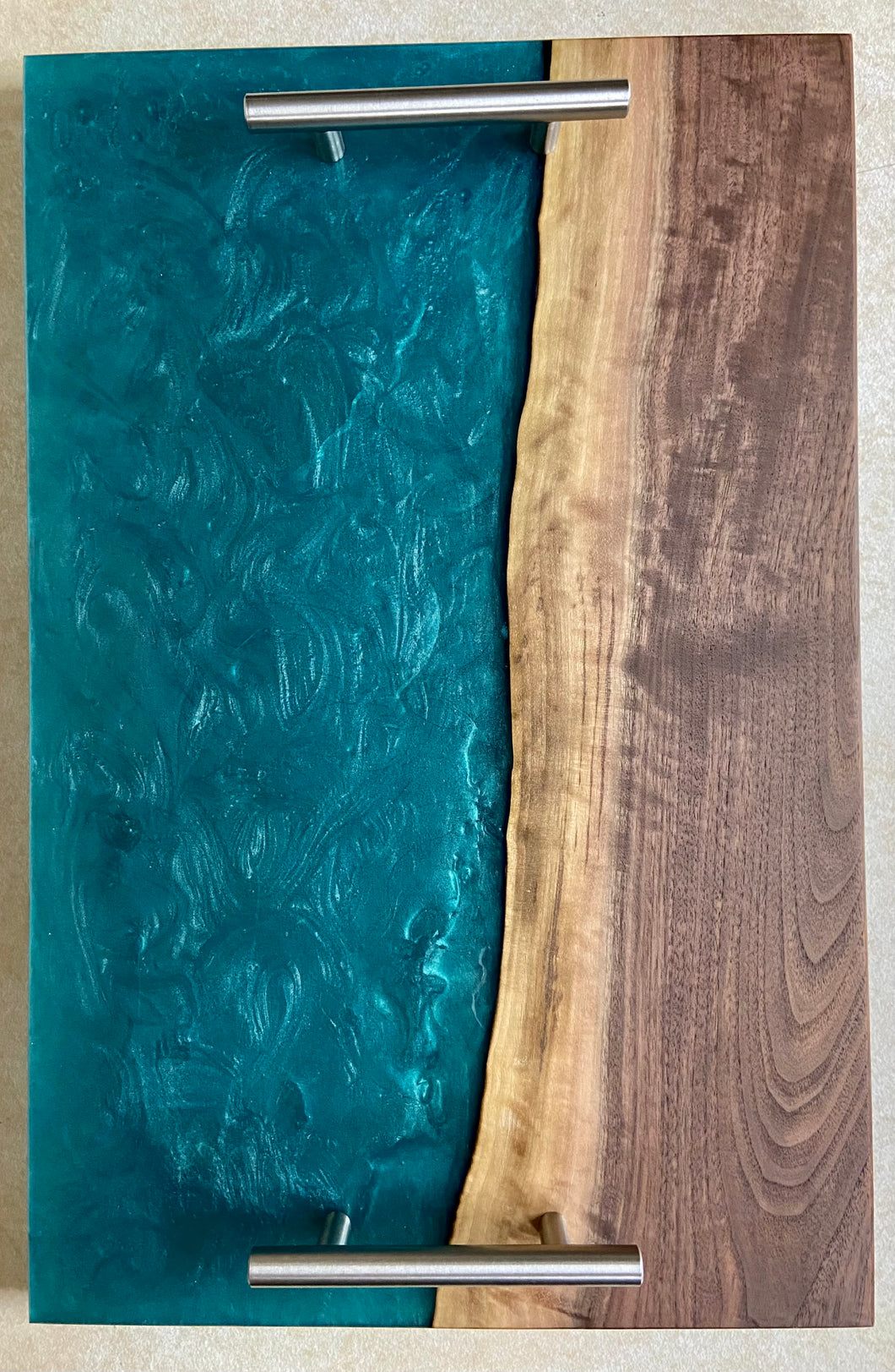 Walnut and teal Charcuterie board. 12” x 18”, modern silver handles and rubber