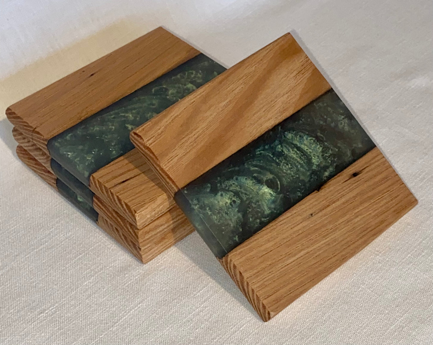 Dark Green Coasters, Epoxy resin and oak