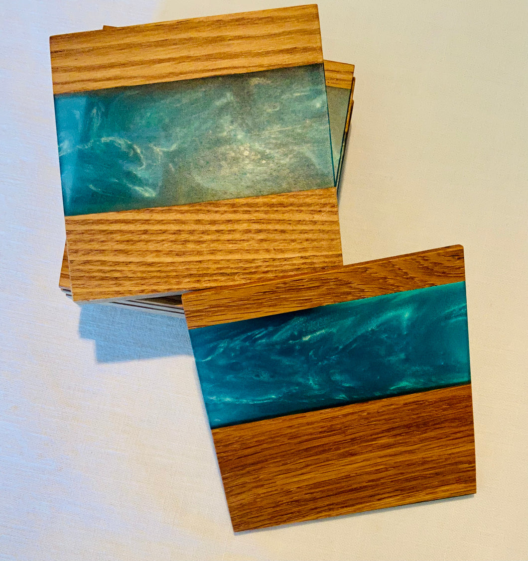 Coasters-Oak and Blue-Green Resin