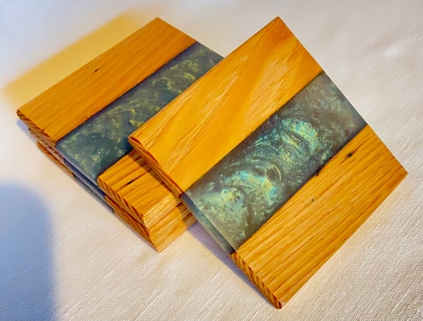 Dark Green Coasters, Epoxy resin and oak