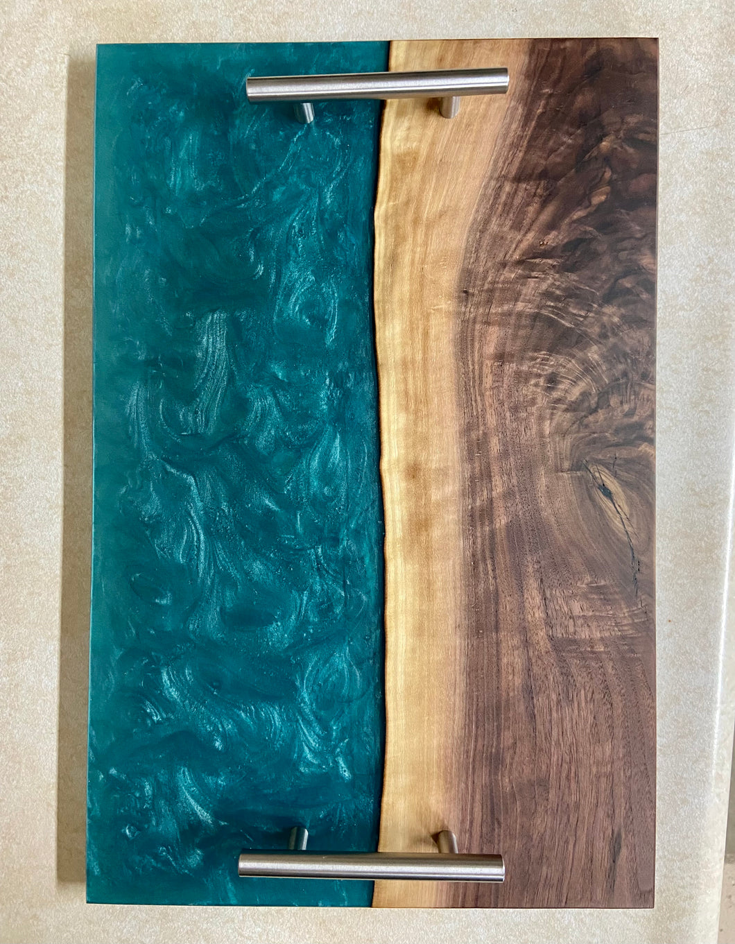 Teal and walnut 12x18 Charcuterie board. Modern silver handles and non-marring feet.