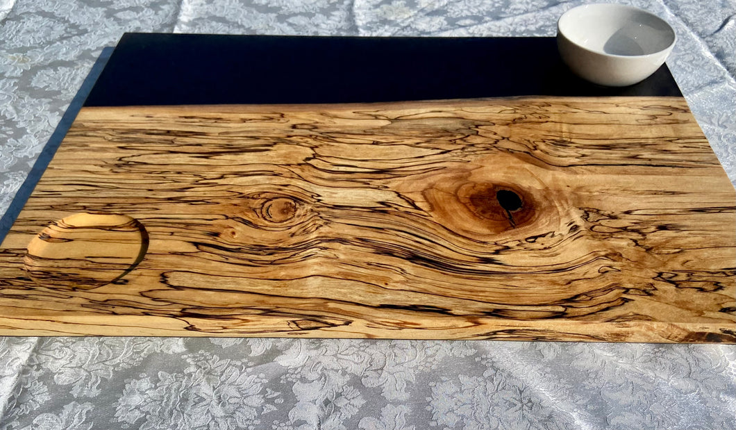 Charcuterie board 14”x20” spalted Maple and flat black. Dip bowl cut-ins